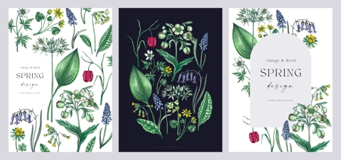 Happy spring hand drawn greeting cards set. NOT AI generated 